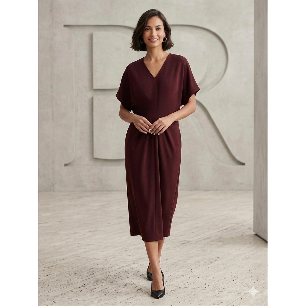 Banana Republic Women Wool Dolman Midi Dress M Burgundy V-Neck Short Sleeve NWT